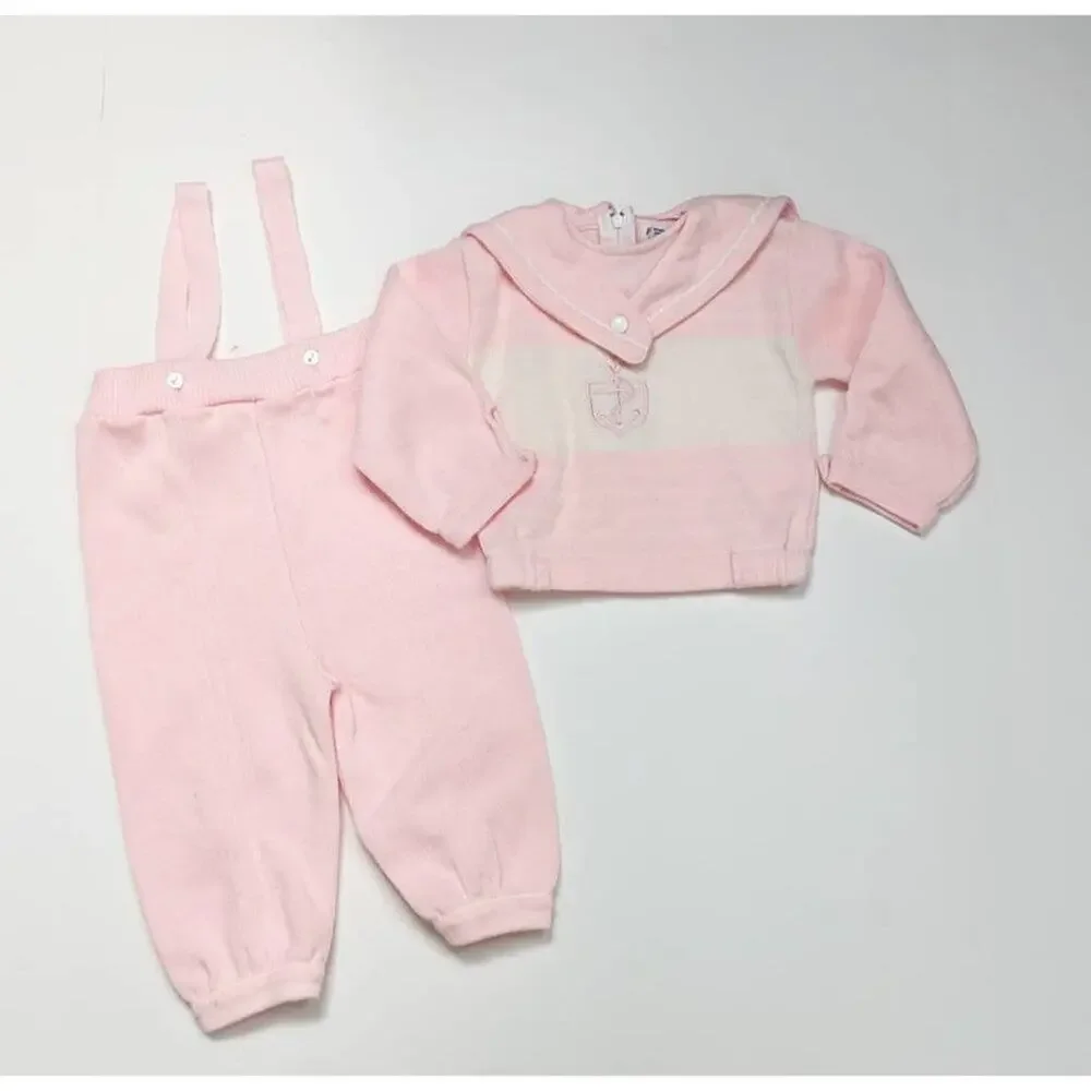 Vintage Friedknit Creations Outfit Baby Girl Sz 12m Pink Anchor Sailor Sweater